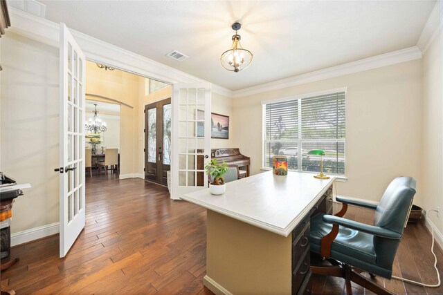 21207 Fairhaven Creek Dr, Cypress, TX 77433 - home office featuring an inviting chandelier, ornamental molding, french doors, and visible vents