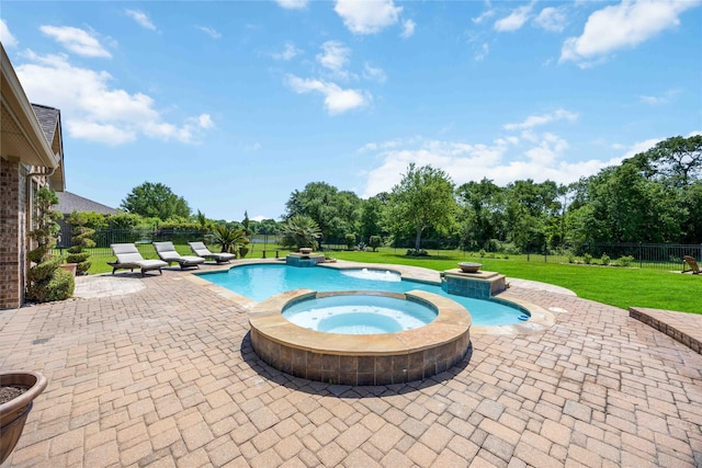 21207 Fairhaven Creek Dr, Cypress, TX 77433 - view of swimming pool with a lawn, a pool with connected hot tub, a patio area, and a fenced backyard