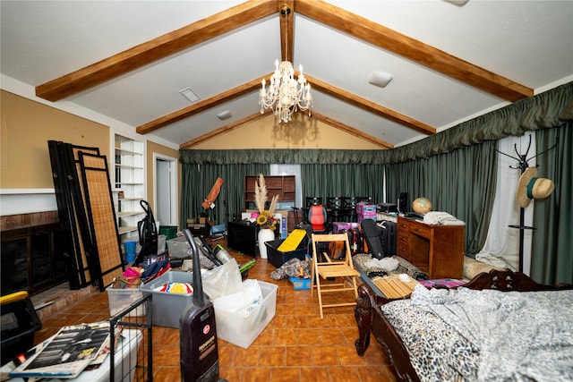 tiled bedroom featuring lofted ceiling with beams, a notable chandelier, and visible vents