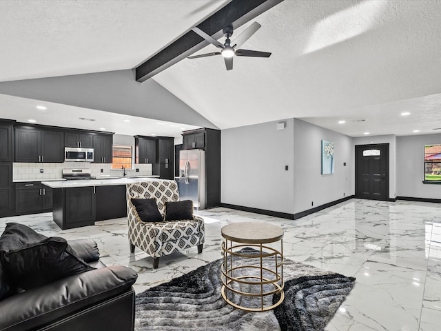 11506 Kirkhollow Dr, Houston, TX 77089 - living area with light marble finish flooring, ceiling fan, a textured ceiling, recessed lighting, and baseboards