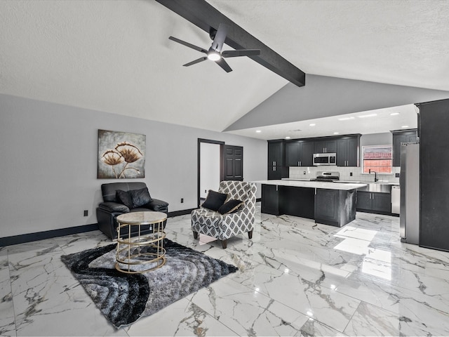 11506 Kirkhollow Dr, Houston, TX 77089 - living area featuring baseboards, ceiling fan, recessed lighting, light marble finish floors, and a textured ceiling