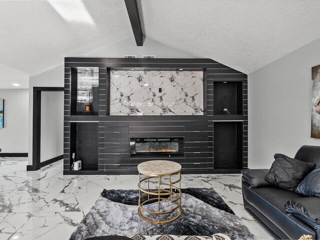 11506 Kirkhollow Dr, Houston, TX 77089 - living room with marble tiled flooring, a fireplace, and a textured ceiling