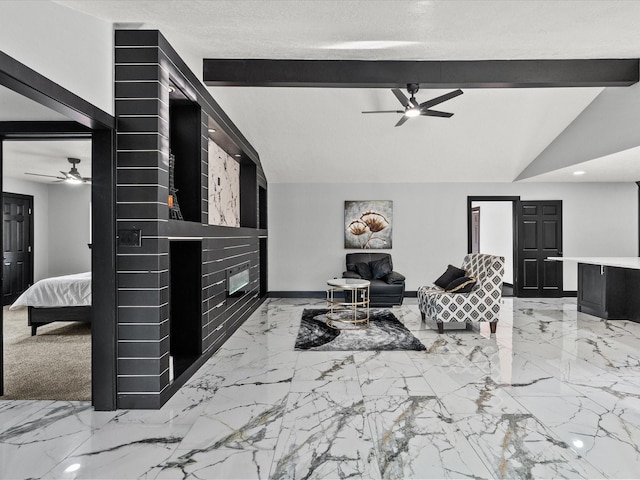 11506 Kirkhollow Dr, Houston, TX 77089 - living room with ceiling fan, light marble finish floors, baseboards, a fireplace, and recessed lighting