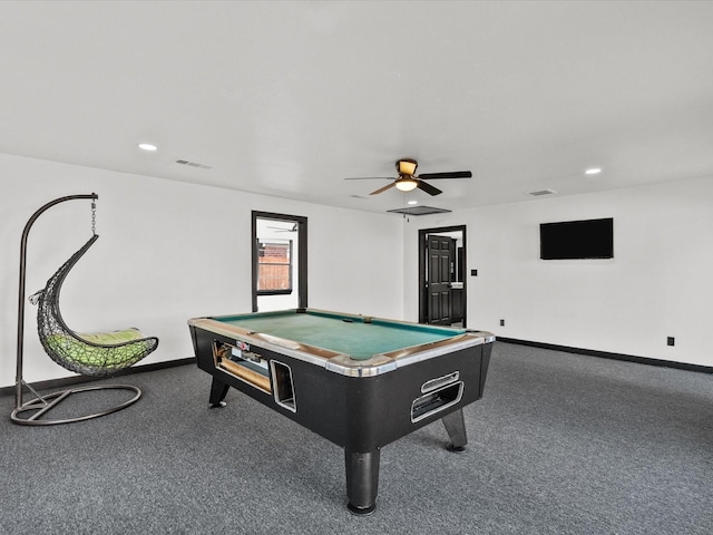 11506 Kirkhollow Dr, Houston, TX 77089 - game room with billiards table, carpet flooring, baseboards, a ceiling fan, and recessed lighting