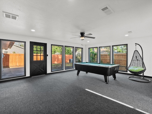 11506 Kirkhollow Dr, Houston, TX 77089 - game room featuring plenty of natural light, pool table, a ceiling fan, recessed lighting, and carpet floors