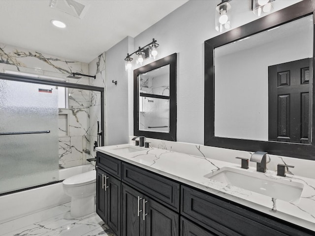 11506 Kirkhollow Dr, Houston, TX 77089 - full bathroom with shower / bath combination with glass door, double vanity, toilet, marble look tiles, and recessed lighting