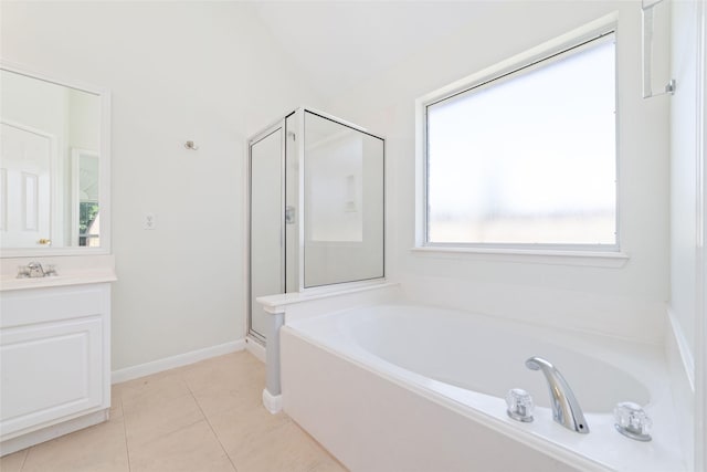 8122 Dune Brook Dr, Pearland, TX 77089 - bathroom featuring a shower stall, a bath, tile patterned flooring, vanity, and baseboards