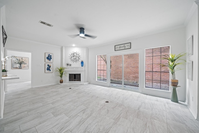 4731 N Cashel Cir, Houston, TX 77069 - unfurnished living room with crown molding, visible vents, ceiling fan, and baseboards