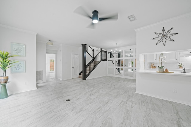 4731 N Cashel Cir, Houston, TX 77069 - unfurnished living room featuring crown molding, visible vents, ceiling fan with notable chandelier, and stairs