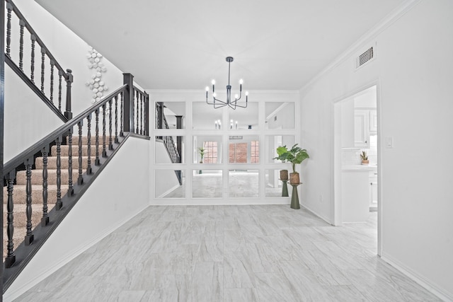 4731 N Cashel Cir, Houston, TX 77069 - unfurnished dining area with crown molding, an inviting chandelier, visible vents, stairs, and baseboards