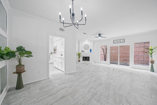 4731 N Cashel Cir, Houston, TX 77069 - unfurnished living room with visible vents, baseboards, a fireplace with raised hearth, ornamental molding, and ceiling fan with notable chandelier
