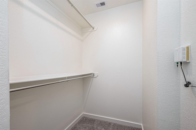 spacious closet featuring visible vents and carpet flooring