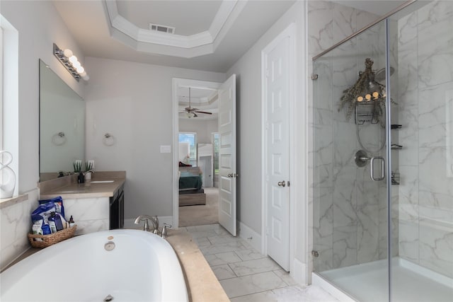2736 Ahnya Ln, League City, TX 77573 - full bathroom featuring ensuite bath, marble finish flooring, a marble finish shower, a tub to relax in, and a ceiling fan