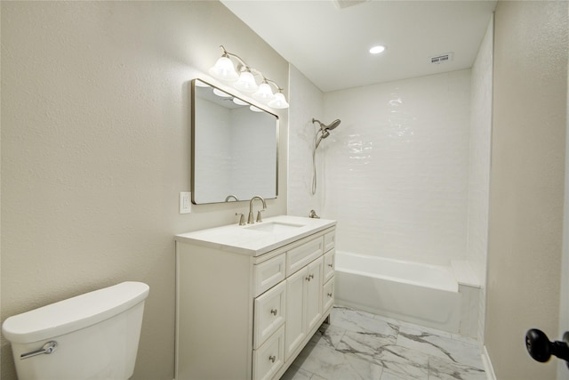 full bath featuring visible vents, washtub / shower combination, toilet, vanity, and marble finish floor