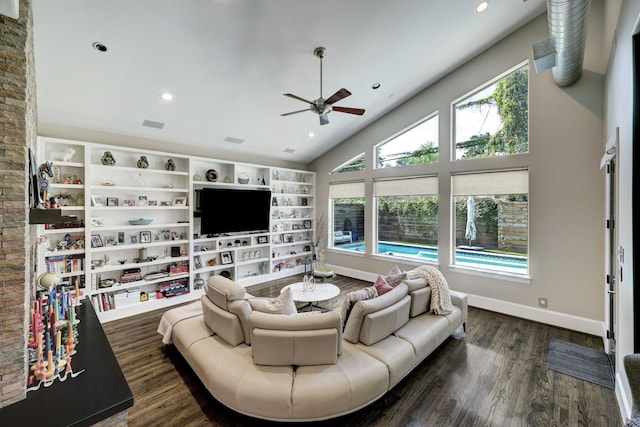 living room with dark wood-style flooring, recessed lighting, a ceiling fan, and vaulted ceiling