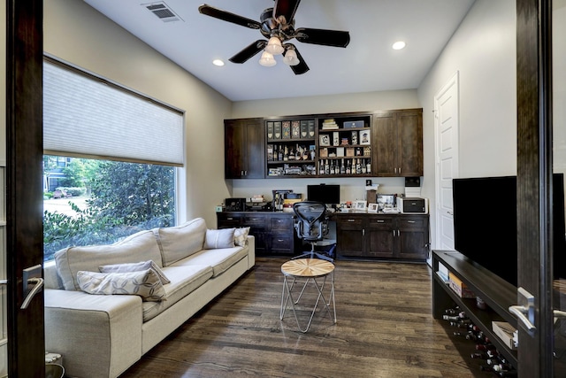 living room featuring visible vents, ceiling fan, recessed lighting, and dark wood-style floors