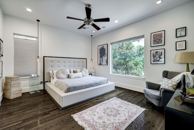 bedroom with wood finished floors, baseboards, a ceiling fan, and recessed lighting