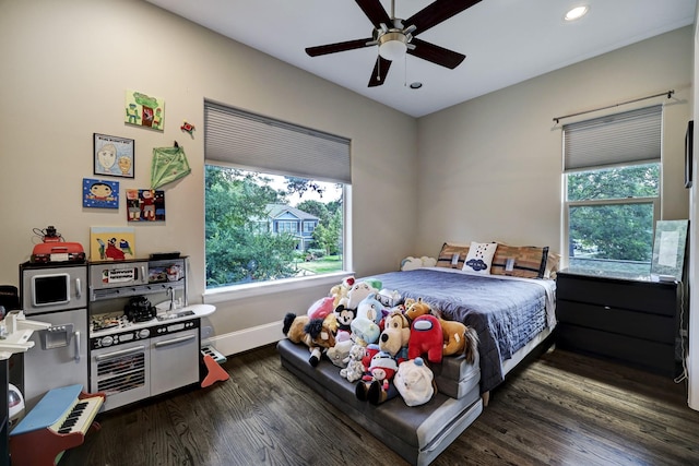 bedroom with recessed lighting, dark wood-style floors, multiple windows, and baseboards