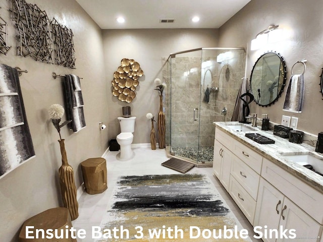 38 Fairway Park, Montgomery, TX 77356 - full bathroom with a stall shower, double vanity, toilet, and recessed lighting