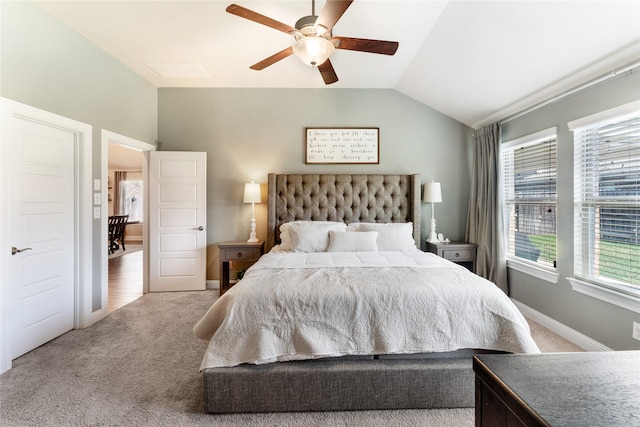 21718 Rose Maris Ln, Tomball, TX 77377 - bedroom featuring carpet flooring, baseboards, vaulted ceiling, and ceiling fan