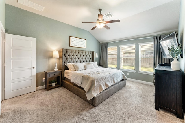 21718 Rose Maris Ln, Tomball, TX 77377 - carpeted bedroom with visible vents, baseboards, a ceiling fan, and vaulted ceiling