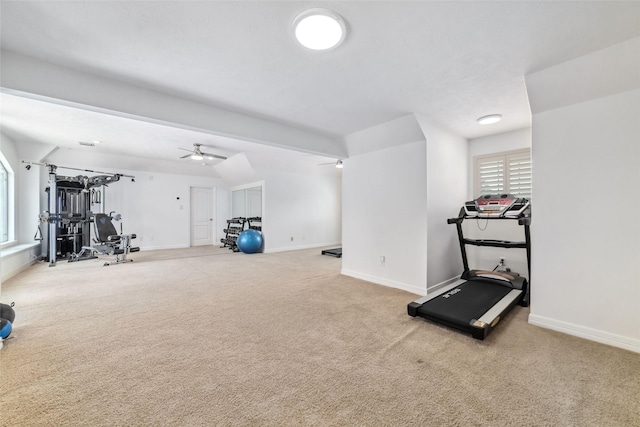 exercise area with baseboards, carpet flooring, and plenty of natural light