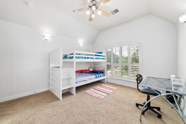 carpeted bedroom featuring a ceiling fan, baseboards, visible vents, and lofted ceiling