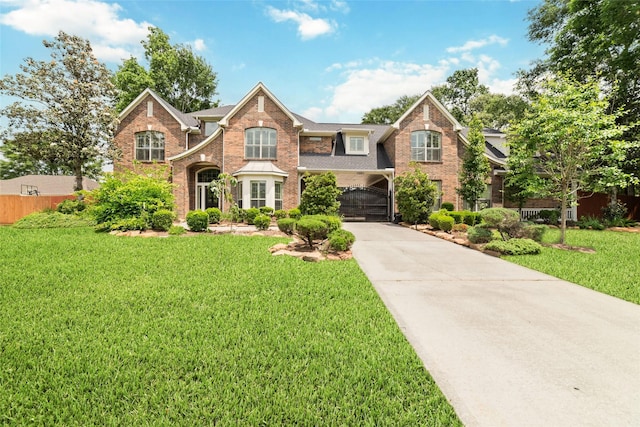 view of front of property with brick siding, driveway, a carport, and a front lawn