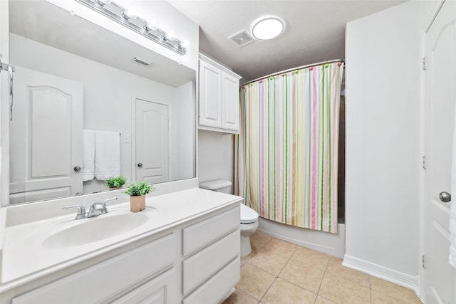 bathroom featuring visible vents, tile patterned flooring, toilet, and vanity