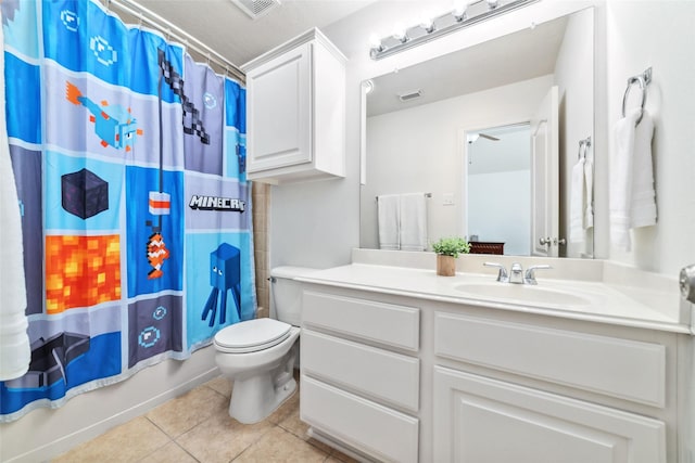 full bath with visible vents, tile patterned flooring, shower / bath combo, vanity, and toilet