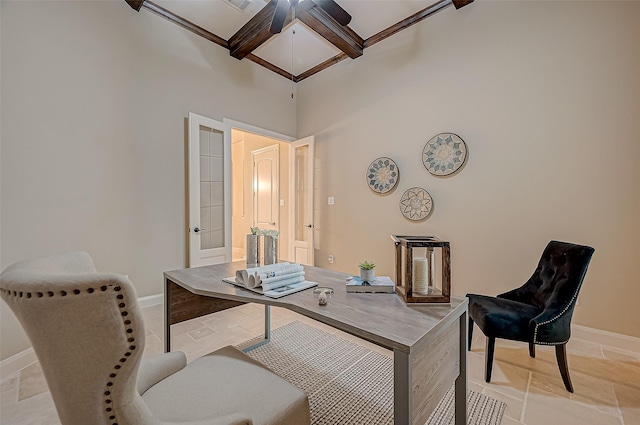 3215 Wimberly Place Ln, Katy, TX 77494 - office area with baseboards, coffered ceiling, beam ceiling, and a towering ceiling