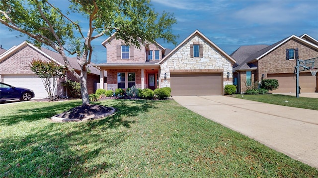 2135 Llerena Ln, League City, TX 77573 - view of front facade with a front lawn, brick siding, driveway, and stone siding