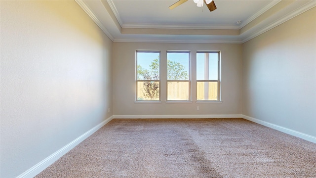 2135 Llerena Ln, League City, TX 77573 - unfurnished room with carpet flooring, a raised ceiling, ceiling fan, crown molding, and baseboards