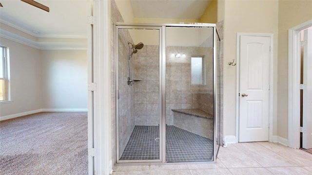 2135 Llerena Ln, League City, TX 77573 - bathroom with a shower stall, baseboards, ornamental molding, and a ceiling fan