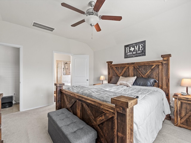 bedroom with light carpet, visible vents, baseboards, ceiling fan, and vaulted ceiling