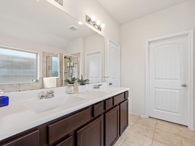 full bath with visible vents, tile patterned flooring, a stall shower, and a sink