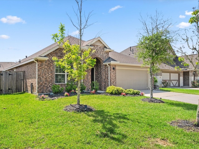 view of front of property featuring driveway, brick siding, fence, an attached garage, and a front lawn