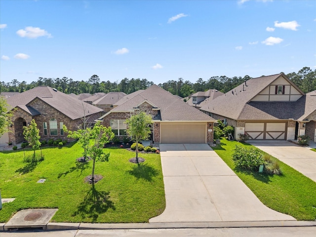 view of front of property featuring driveway, brick siding, a garage, a residential view, and a front lawn