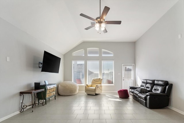 4430 Painted Bunting Ln, Baytown, TX 77521 - living room with baseboards, a ceiling fan, and lofted ceiling
