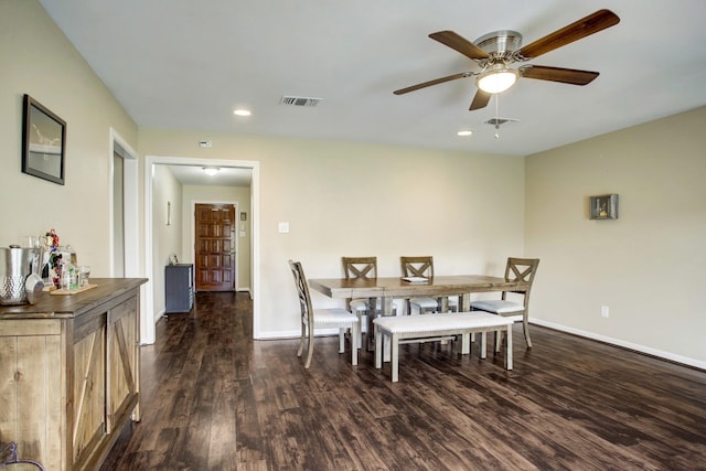 5522 Duxbury St, Houston, TX 77035 - dining room featuring dark wood-style flooring, a ceiling fan, baseboards, and recessed lighting