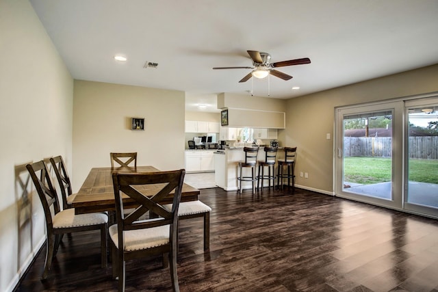 5522 Duxbury St, Houston, TX 77035 - dining area with a ceiling fan, dark wood-type flooring, recessed lighting, and baseboards