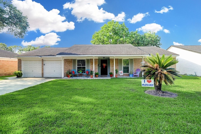 5522 Duxbury St, Houston, TX 77035 - ranch-style house with a porch, an attached garage, concrete driveway, a front yard, and brick siding