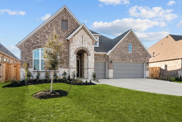 21751 Oakwood Dr, Waller, TX 77484 - french country home with a front yard, brick siding, driveway, and fence