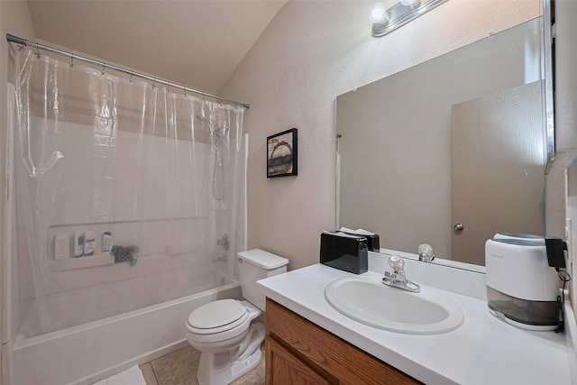 full bathroom with vanity, toilet, shower / bathtub combination with curtain, tile patterned floors, and vaulted ceiling