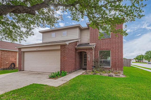 traditional-style house with brick siding, a garage, a front yard, and concrete driveway