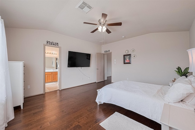 bedroom featuring visible vents, dark wood finished floors, ceiling fan, and lofted ceiling