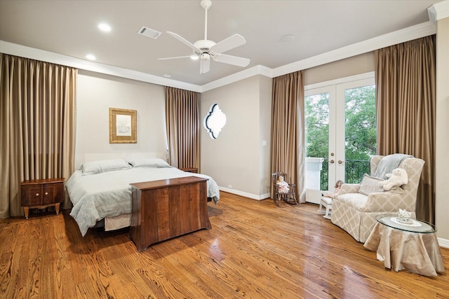bedroom with access to outside, baseboards, french doors, light wood-style floors, and visible vents