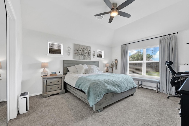 23231 Twilight Oaks Ct, Katy, TX 77493 - carpeted bedroom with visible vents, baseboards, a ceiling fan, vaulted ceiling, and radiator heating unit