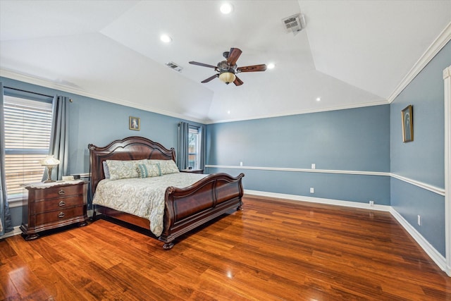 bedroom featuring vaulted ceiling, wood finished floors, ornamental molding, a ceiling fan, and recessed lighting