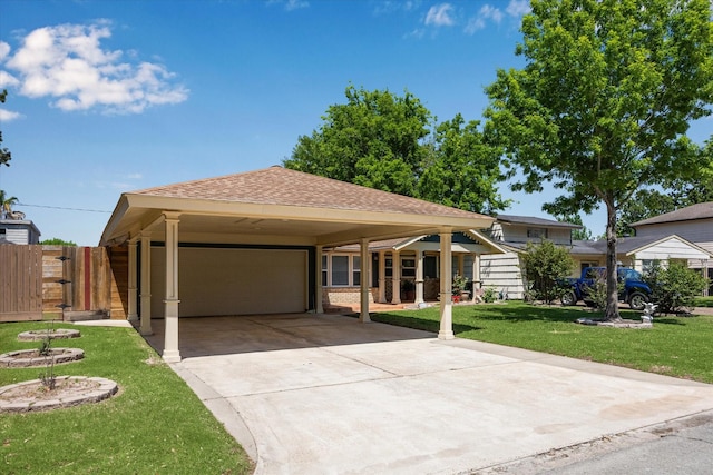 ranch-style home featuring roof with shingles, concrete driveway, and brick siding